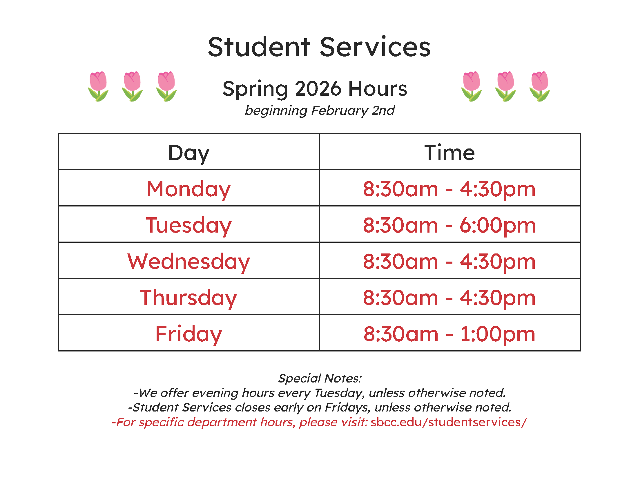 Spring 2026 Student Services Hours - Click to view PDF